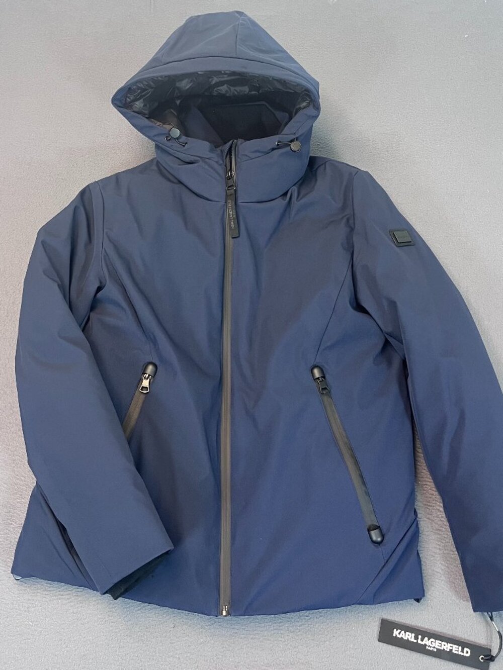 Karl Lagerfeld Paris Men's FlexTech Hooded Parka Jacket Small Navy NWT LO6C0288